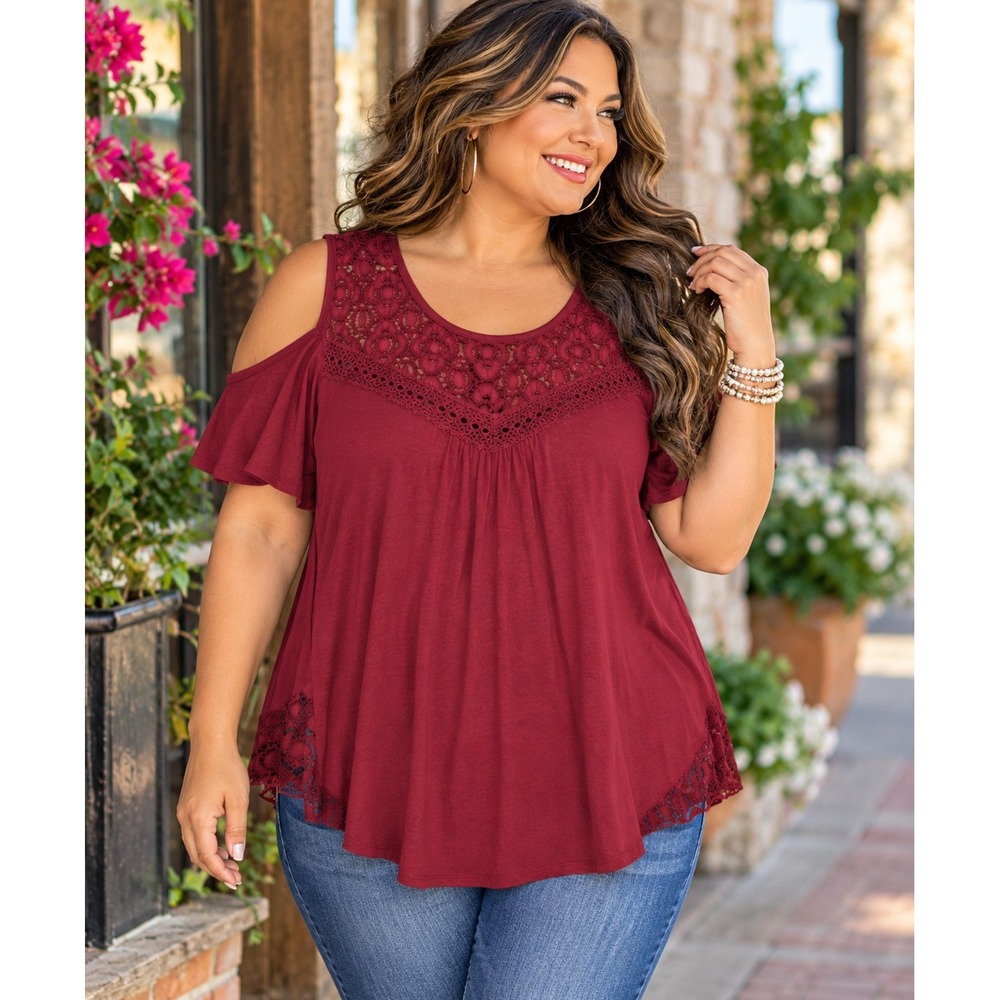 Burgundy Cold Shoulder Crochet Lace Trim Top Short Sleeve Wine Red Blouse
